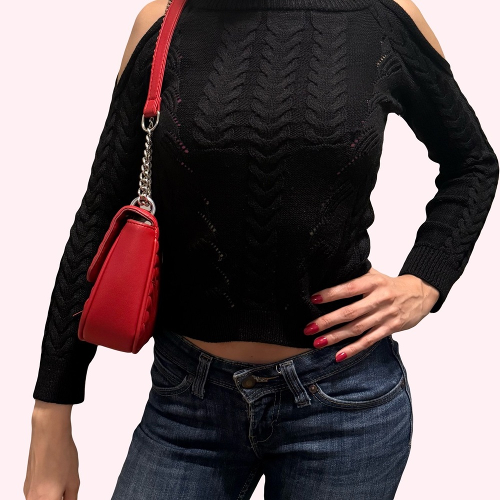 Black Cable Knit Cold Shoulder Sweater